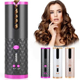 Portable cordless auto styler with black geometric pattern and pink accents for effortless styling